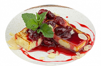 Фотография Сыр халуми с вишневым соусом и миндальными лепестками